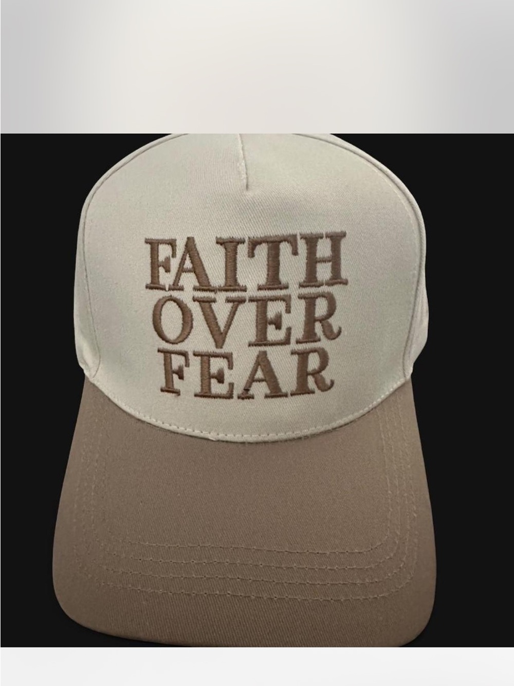 Zenana Faith Over Fear Embroidered Trucker Hat - Cream & Tan adjustable
